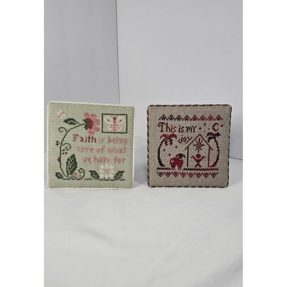 Lot of 2 Framed Cross Stitch Plaques Faith Quote & Christmas Nativity